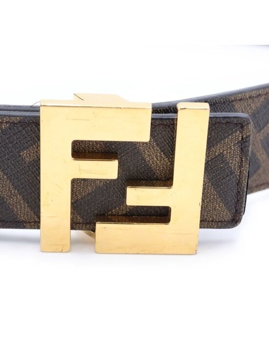 Fendi FF Logo Square Buckle Zucca Pattern Reversible Leather Belt Gold Brown